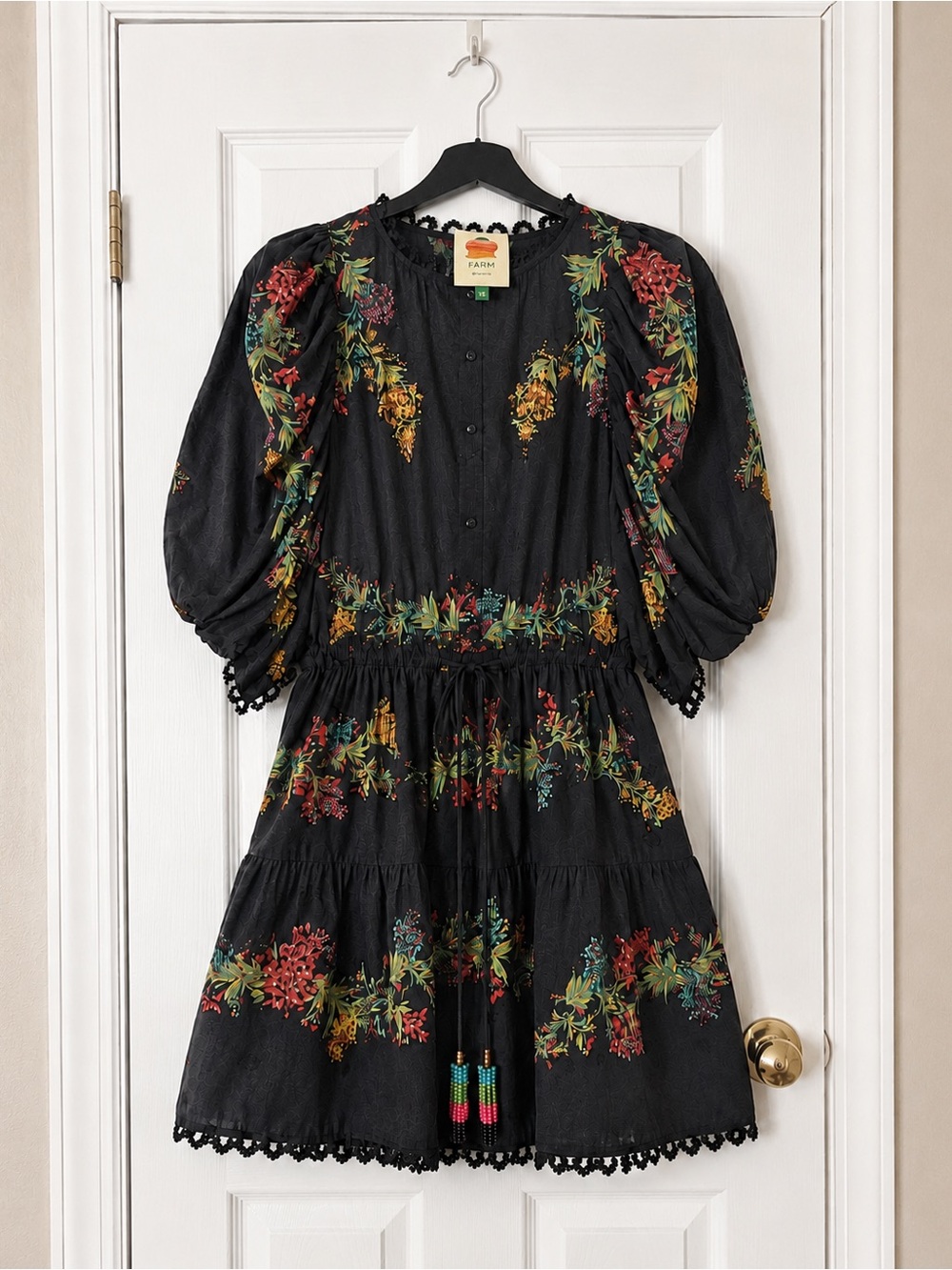 Farm Rio Louise Black Floral Embroidered A-Line Mini Dress XS - Picture 4 of 9